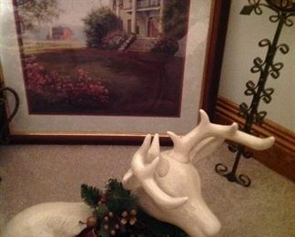 Framed, matted print, large cross and Christmas ready deer