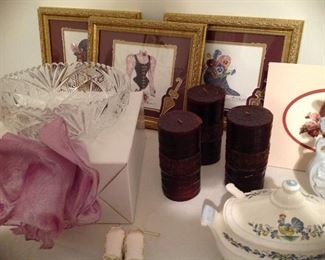 Crystal bowl, framed and matted prints, pillar candles, vintage mini tureen with ladel