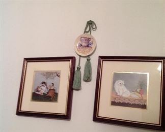 Framed and matted cat prints, tassel and mini plate with hanger