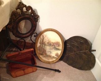 Vintage oval framed print, large metal leaf, wooden mini chest, fleur de Lis rod