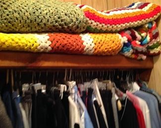 Hand crocheted afghans, men's clothes