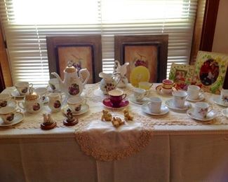 Vintage tea set, Demi- tasse and saucer collection, teddy bear figurines, doilies framed prints and table runner