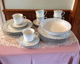 Vintage set of dishes, large lace doily