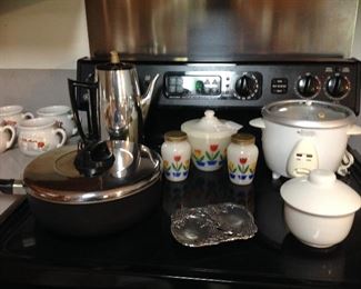 Vintage percolator, nice pot with lid, pewter spoon rest, rice cooker, old ironstone sugar with lid, Fire King tulip grease jar with lid and salt and pepper set (mint condition)