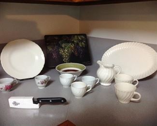 Hot plate, vintage dishes, pampered chef knife and sharpener