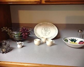 More vintage dishes, metal fruit bowl with grapes, salt and pepper shockers