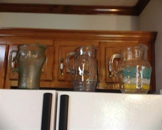 Coke pitcher, blue pitcher and vintage floral trimmed pitcher ( coke glasses not shown)