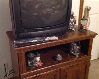 Entertainment center, vintage TV and decorative items