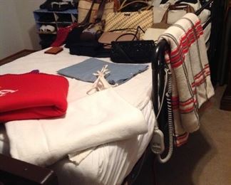 Hospital bed (electrical), blankets (including vintage blanket) and purses