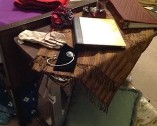 Hospital rolling bed tray, table runner,photo albums, vintage gloves, purse hanger, Jewlery - travel bag