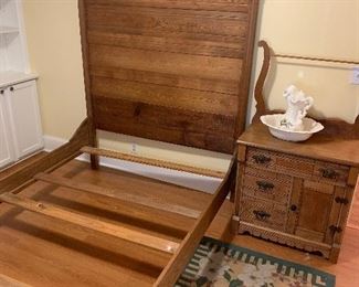 Oak bed and washstand, modern bowl and pitcher, "latch hook style" rug