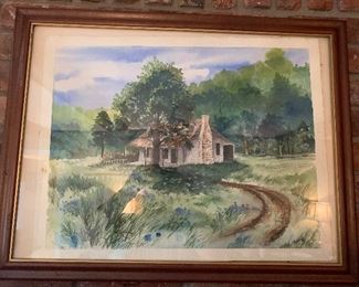 Beautiful large watercolor signed C. Hoover '88 -rustic cabin 