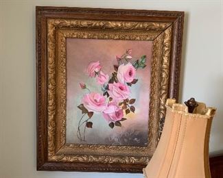 Many pieces of floral art by homeowner, many in antique frames