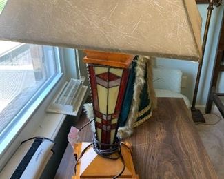 Craftsman style stained glass and wood lamp