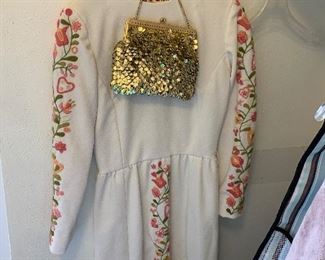 Vintage embroidered dress and gold lame handbag