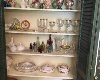 Crystal, baskets, milk glass and assorted hand painted china 