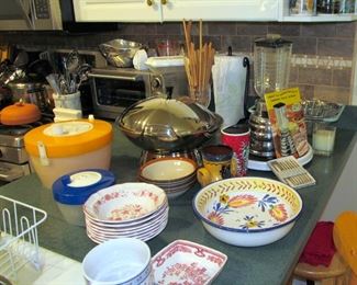 SERVING PIECES, WOK, TOASTER OVEN, OSTER BLENDER, AND MORE