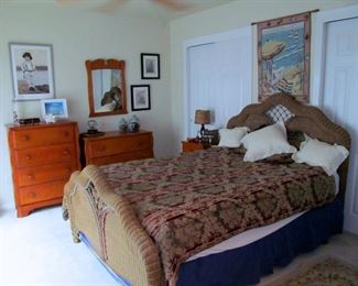 SEA SIDE INSPIRED GUEST BEDROOM WITH WICKER HEADBOARD AND FOOT BOARD, 4 PIECE HAND CRAFTED BED ROOM  SUITE MADE BY THE OWNER'S CABINET MAKER GRANDFATHER IN THE 19340'S