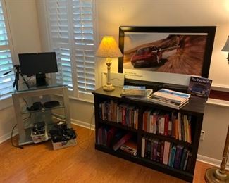 Corner media cabinet, bookcase,  vintage Remington floor lamp