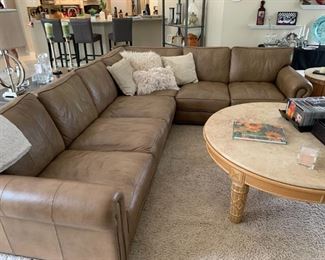 Ethan Allen leather sectional & Lexington round coffee table w/ travertine top