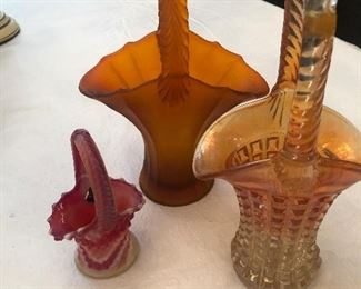 Satin glass and carnival glass baskets 