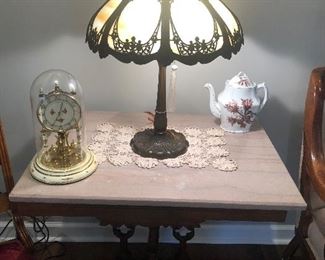 Marble top walnut table w slag glass lamp