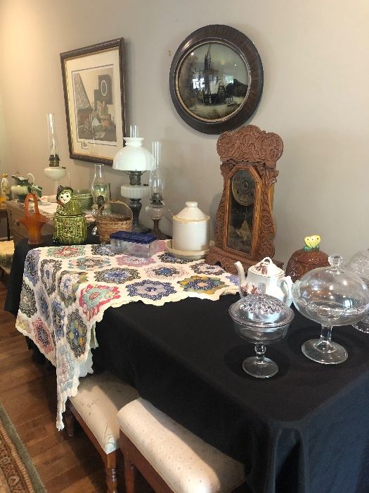 Aladdin lamps, grandmother flower garden quilt , preserve stands ,gingerbread kitchen clock 