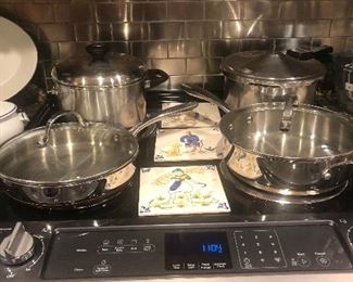 Stainless covered skillets, ceramic tiles 