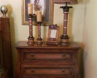 Night table with 3 drawers, candles, lamp, animal print decor.  Night tables (2)  $575