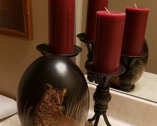candle sticks/candles, animal print egg shaped decor