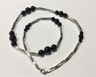 FABULOUS 24" Sterling silver and onyx beaded necklace with super unique twisted tubular sterling beads - a really great look! Stamped STERLING. $130
