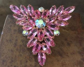 Gorgeous vintage Juliana brooch with marquise shaped pink clear rhinestones and Aurora Borealis round rhinestone accents.  2 7/8" wide. $68
