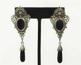 Your new favorites.  Vintage Sterling silver filigree and onyx pierced earrings.  They measure 1" wide x 3" long.    Perfectly in style right now.  $110

