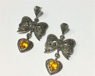 Adorable vintage Sterling silver, citrine and marcasite pierced earrings, with marcasite-studded bows and  heart-shaped charms containing beautiful faceted citrine cabochons. 1" x 1 3/4" long.  $80
