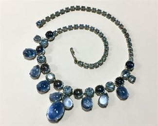 Exquisite vintage necklace with rhinestone and smooth glass cabochons in shades of soft light blues. Length flexible up to 16 1/2".   $98
