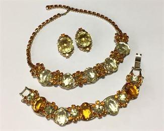 Gorgeous vintage Juliana necklace, bracelet and earrings with rhinestones in warm shades of citrine and amber. Necklace is 15 1/2" L , $130.  Bracelet is 7" L, $110.   Earrings 3/4" x 1 1/4",  $60.   Package deal for the three is $260.