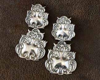 Luscious large Sterling silver earrings with beautiful repousse detailing.  Design is reminiscent of antique sterling liquor decanter labels.  1 1/2" x 3", stamped 925.   $100
