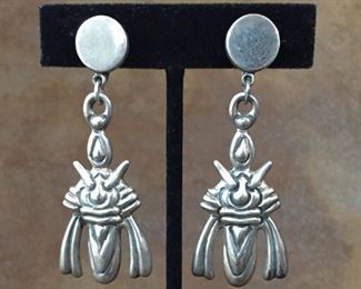 Awesome mid-century Mexico Sterling silver stylized screwback earrings.  1" x 2 1/2" long, stamped  SILVER MEXICO.  $110
