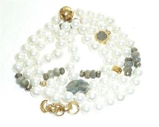 Genuine Pearl, faceted Labradorite, moss agate and Druzy, with 18k gold plated accents. The hand knotted pearls are from 8-12 mm, and overall length is 44".  This is awesome and so in style.  $235 