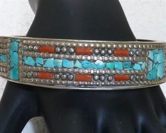 Big chunky Tibetan turquoise, coral and silver bangle bracelet.  $244 