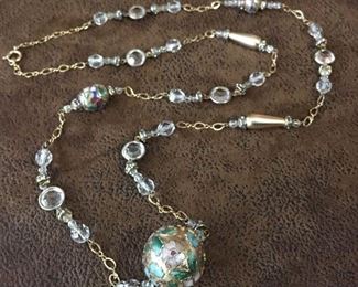 Beautiful long gold-filled necklace featuring clear faceted crystals and gorgeous large cloisonne beads. 36" Long, clasp stamped 1/20-14k GF.  $128