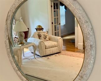 Item 17:  Casa Bique Tessellated coral and brass mirror - 39.5 x 39.5: $300