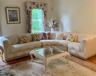 Item 16:  Sectional sofa by Schweiger: $700                                                                              Corner piece - 34" x 34" x 32" tall                                                                Straight section - 58" x 34" x 32" tall                                                              Curved section - 85" x 34" x 32" (diagonal)