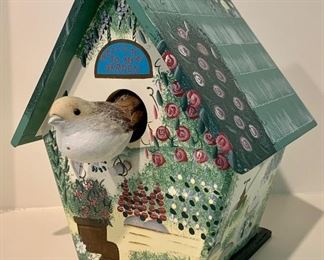 Small decorative bird house with blue welcome to my garden sign: $8
