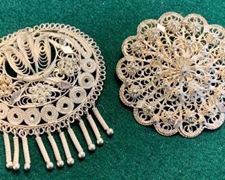 Item 171:  Lot of 2 sterling silver filigree pins/pendants: $20