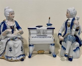 Vintage blue and white porcelain figurines with piano: $45