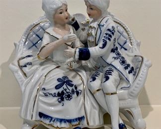 Vintage blue and white porcelain man and woman courting: $38