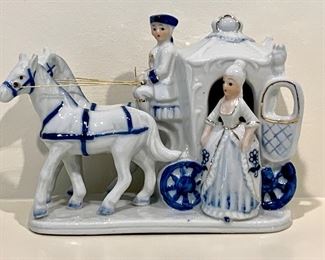 Blue and white porcelain - man and woman with horses and buggy: $32