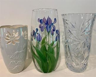 Three Vases- Lenox on left, heavy lead crystal on right - Iris Lot: $45