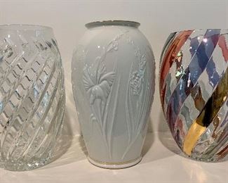 Three Vases, Lenox in the middle, heavy lead crystal on the left - Swirl Lot: $45